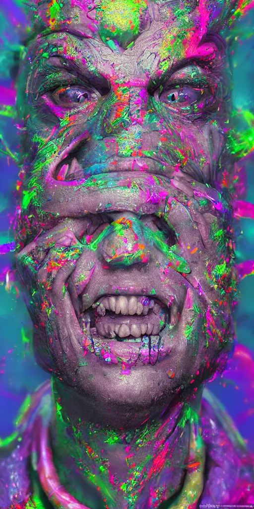 Prompt: impossibly beautiful portrait of alien shapeshifter entity, bad trip, insane smile, intricate complexity, surreal horror, inverted neon rainbow drip paint, trending on art station, photoreal, 8 k, octane render by greg rutkowski