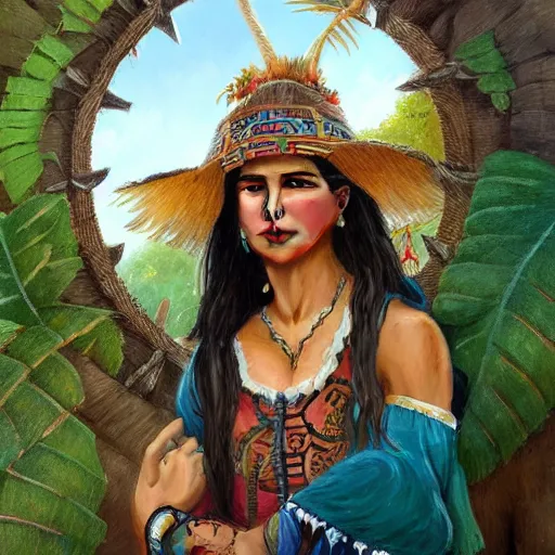 Prompt: Roselyn Sánchez as an Aztec farmer, athletic , face paint, vibrant attire, intricate, highly detailed, digital painting, artstation, concept art, sharp focus, illustration, art by greg rutkowski and alphonse mucha