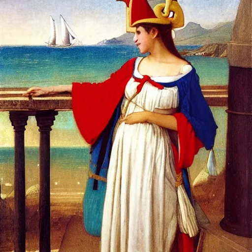 Image similar to A girl with jester hat and clothes on a greek archi circle on the front of a Balustrade with a beach and a sail boat on the background, major arcana cards, by paul delaroche, hyperrealistic 8k, very detailed