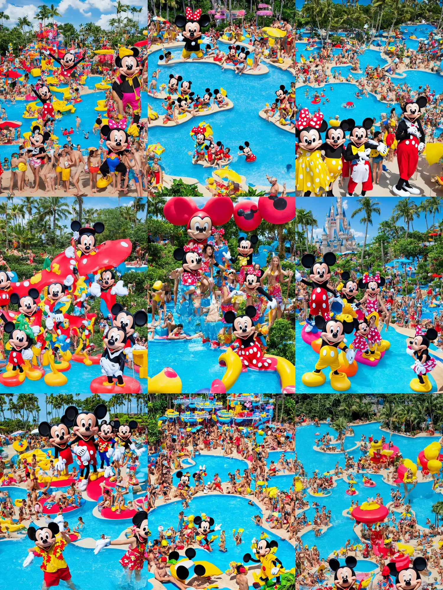 Prompt: mickey mouse hawaiian pool party