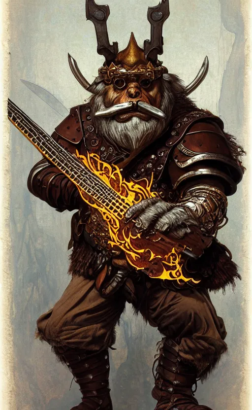 Prompt: bugbear, class hunter, d & d, dungeons and dragons, ornate steel armour, playing flaming axe bass guitar, beard, male, strong outline, character design on white background, gnarly details, by painted by norman rockwell, tom bagshaw, mucha, gaston bussiere, craig mullins, j. c. leyendecker 8 k