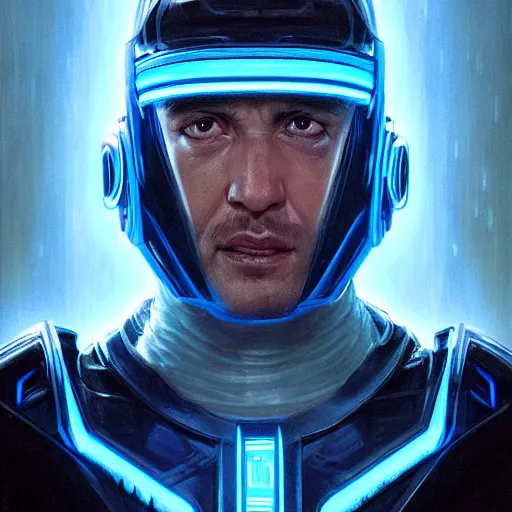 Image similar to tron as a realistic scifi cyberpunk knight, closeup portrait art by donato giancola and greg rutkowski, realistic face, digital art, trending on artstation, symmetry!!!