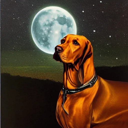 Prompt: the new age prophet Rhodesian ridgeback dog, illuminated from behind like a Catholic saint portrait, full moon night. Portrait by Paul Bonner, oil on canvas