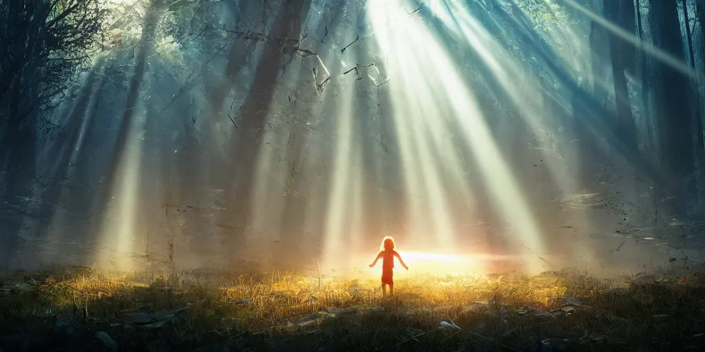 Image similar to sci - fi scene future new york, little girl holding a hand of a big robot, forest punk, crepuscular rays, epic scene, hyper realistic, photo realistic, overgrowth, cinematic atmosphere, ethereal lighting,