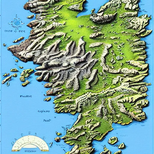Prompt: a cross - section relief map of westeros