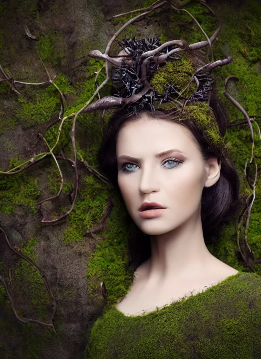 Image similar to a photo of a female model, orgnic headpiece, vines, horn, moss, fashion photography, realistic, hyperdetails, dark grey backdrop studio, moss and vine dress