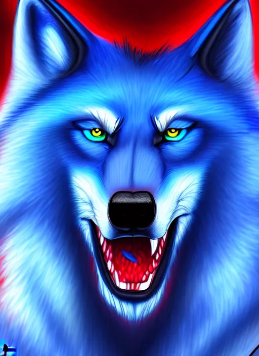 Image similar to blue wolf, red eyes highly detailed, deep focus, digital painting, smooth, sharp focus, anime art style, trending on artstation, 4 k