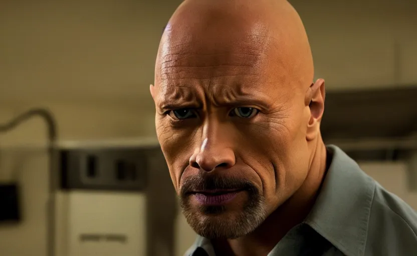 Image similar to Dwayne The Rock Johnson as Walter White in 'Breaking Bad' (2012), movie still frame, oscar nominated cinematography, volumetric lighting, 8k resolution, beautiful composition