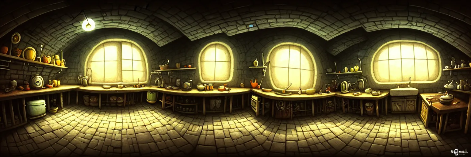 Image similar to underground basement, dark dark dark walls, fisheye spiral, naive, extra narrow, detailed illustration of a kitchen, large floor, by gediminas pranckevicius, trending artstation, tavern