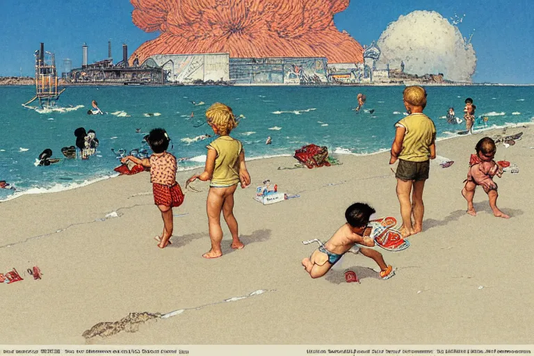 Prompt: children playing at the beach, huge atomic explosion in the background, isometric, detailed, by norman rockwell, by mattias adolfsson, by moebius, oil on canvas,