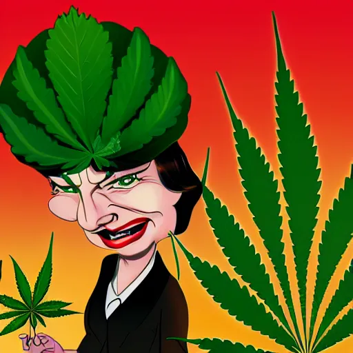 Prompt: cartoon caricature portrait of a cannabis themed character hiding the fields of cannabis crops. octane 4 k render by eyvind earle, female mean fat politician australian political comedy illustration