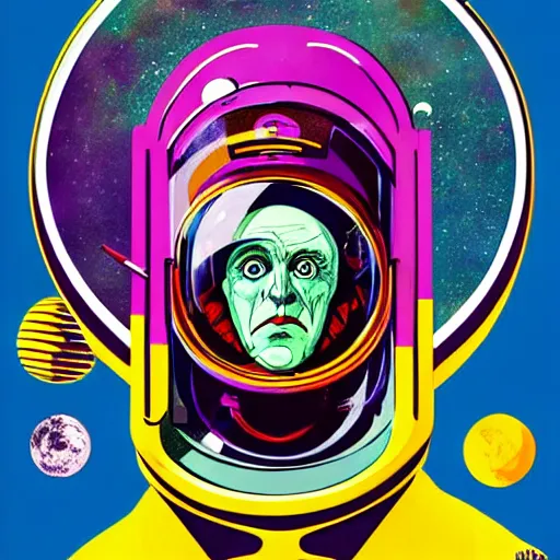 Prompt: graphic illustration, creative design, willy wonka as an astronaut, biopunk, francis bacon, highly detailed, hunter s thompson, concept art