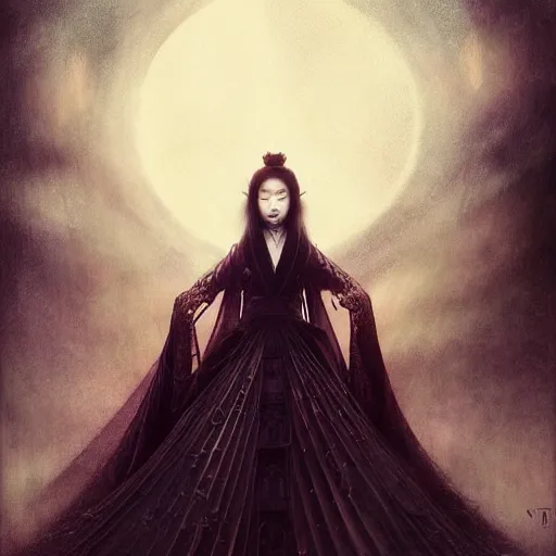 Image similar to Portrait of a riveting Japanese vampire woman!, atmospheric lighting, gothic makeup, intricate, Transylvanian castle, volumetric lighting, beautiful, starlit sky, sharp focus, ultra-detailed, by Tom Bagshaw Leesha Hannigan, Ross Tran, Thierry Doizon, Kai Carpenter, Ignacio Fernández Ríos