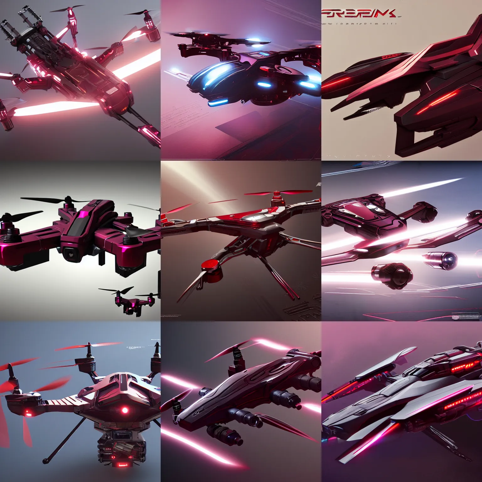 Prompt: concept art for a quadcopter drone, maroon accents, metallic reflections, gorgeous soft lighting, cyberpunk, star citizen, trending on artstation