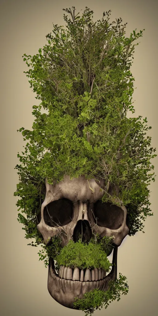 Prompt: abstract overgrown plants skull from a blender render, nature taking back, highly detailed, holography