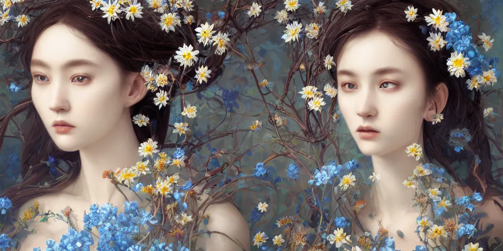 Image similar to breathtaking detailed concept art painting portrait of the goddess of nemophila flowers, orthodox saint, with anxious piercing eyes, ornate background, amalgamation of leaves and flowers, by hsiao - ron cheng, extremely moody lighting, 8 k