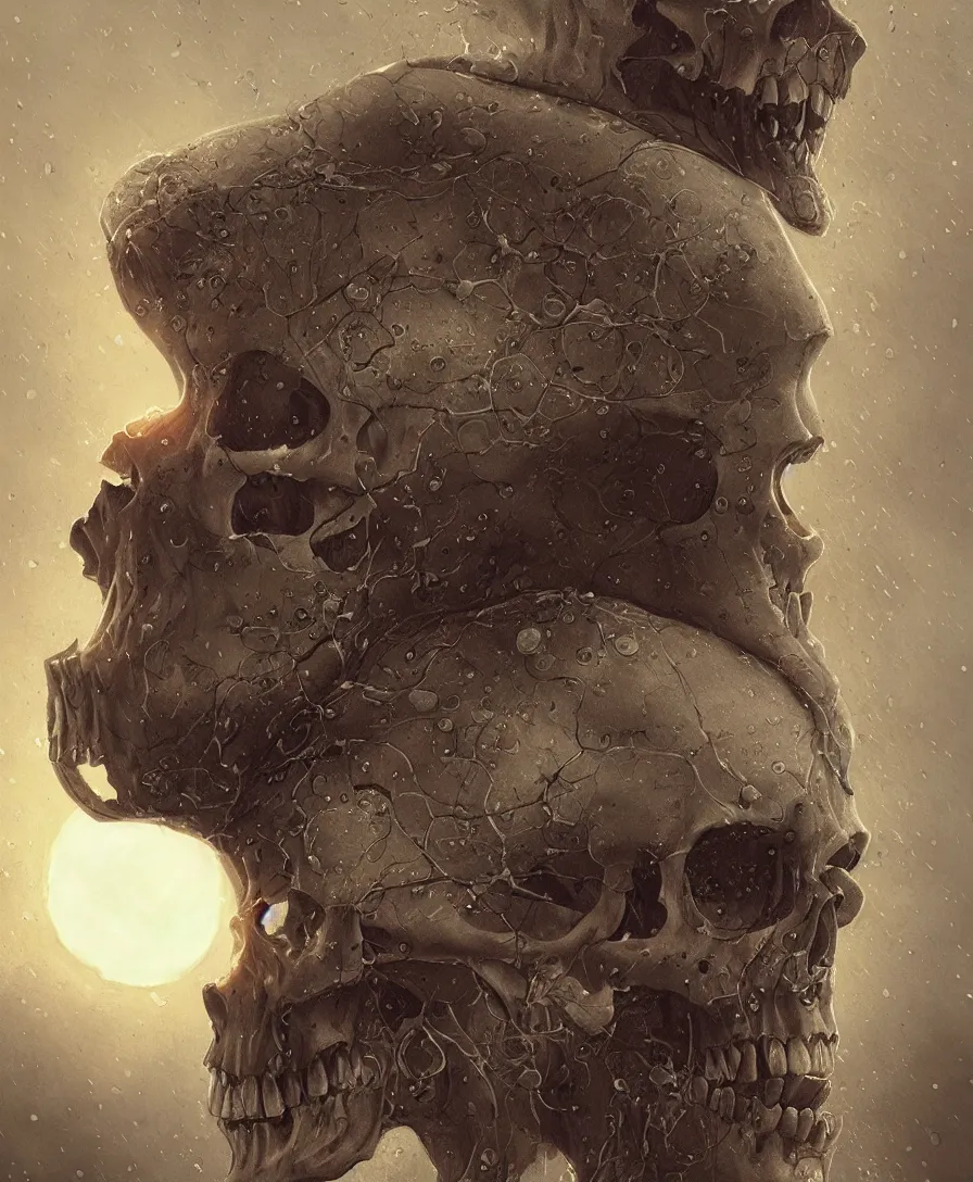 Image similar to portrait skull, raining, moon, illustrated by Simon Stålenhag and Gaston Bussiere, beautiful volumetric lighting style atmosphere, intricate, ultra detailed, photorealistic, trending on artstation