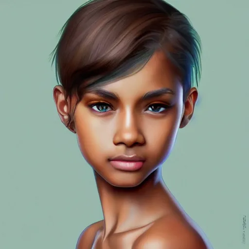 Image similar to a green haired teenager, blue eyes, brown skin, cheeky smile, deep focus, elegant, digital painting, smooth, sharp focus, golden ratio, illustration, ultra realistic, 8 k, art by artgerm and caravaggio