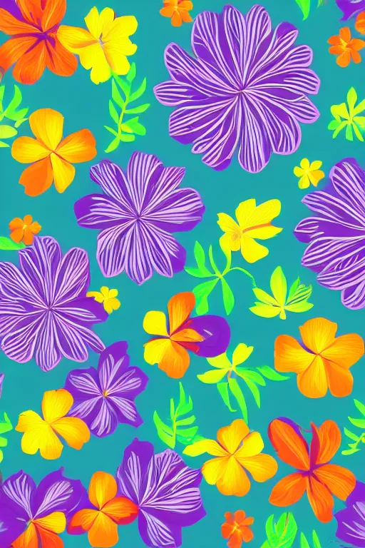 Image similar to Vector illustration of tropical flowers with multiple cohesive colors ranging from warms purples to bright oranges on a ((dark blue background)), 4K resolution