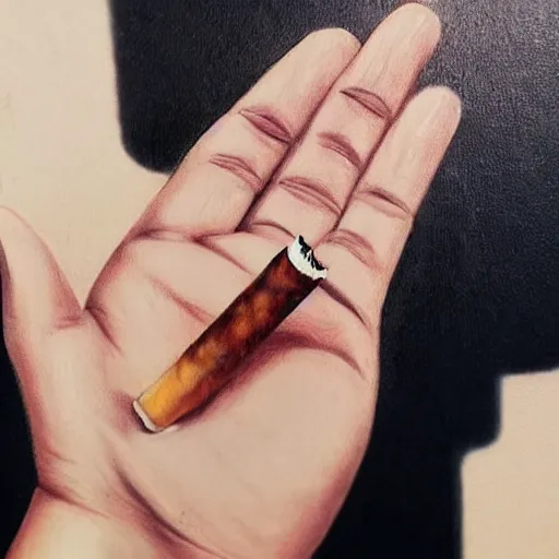 Image similar to Very very very very detailed, very very very very realistic artistic art of hand of a woman that holds cigarette between fingers, by very very very very talented artist in very very very very aesthetic photorealism style