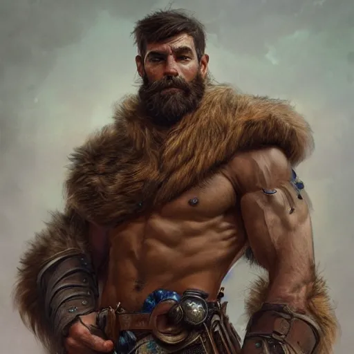 Image similar to portrait of a ruggedly handsome ranger, hands details, muscular, full body, leather, hairy, d & d, fantasy, intricate, elegant, highly detailed, digital painting, artstation, concept art, smooth, sharp focus, illustration, art by artgerm and greg rutkowski and alphonse mucha