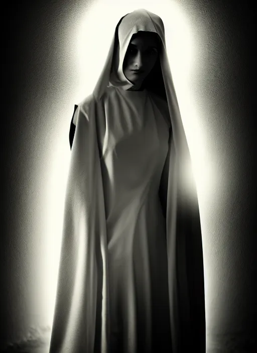 Prompt: surreal mythical dreamy dark artistic black and white fine art fashion portrait photo of a young beautiful delicate female robot - nun, rim light, cinematic, studio dramatic light, poetic, masterpiece, octane render, 8 k, photo - realistic by gustave dore william black