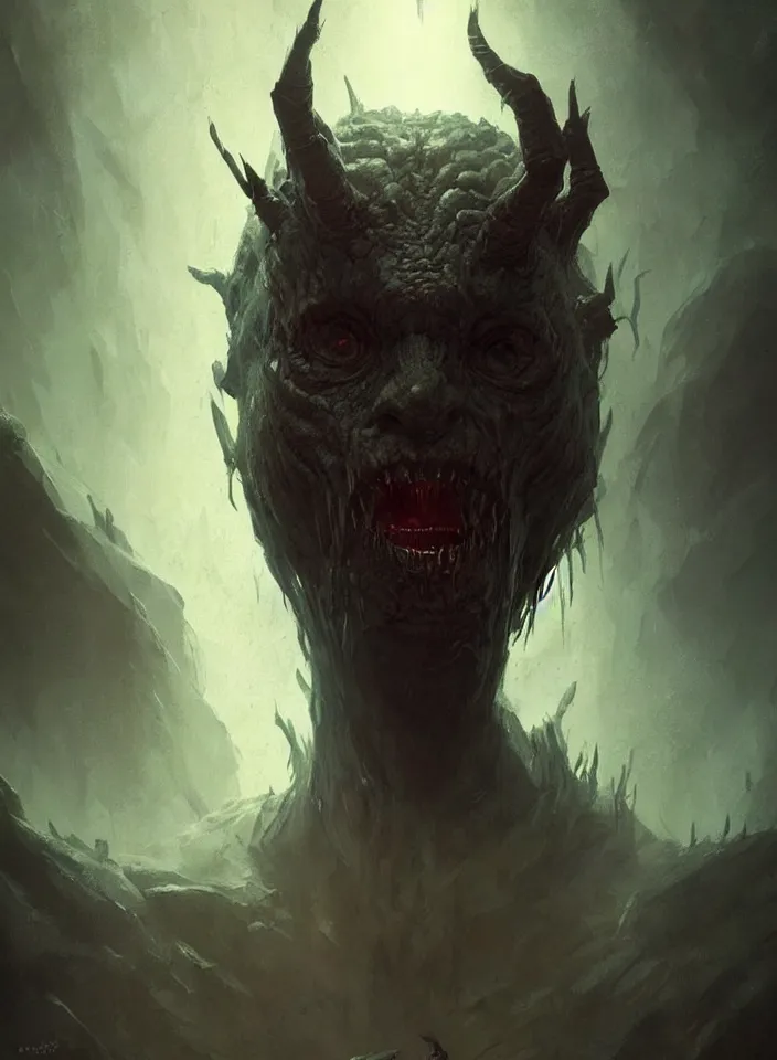 Image similar to a close portrait of a creature invoking fear, art by greg rutkowski, horror setting, dark lighting, matte painting, trending on artstation, very detailed