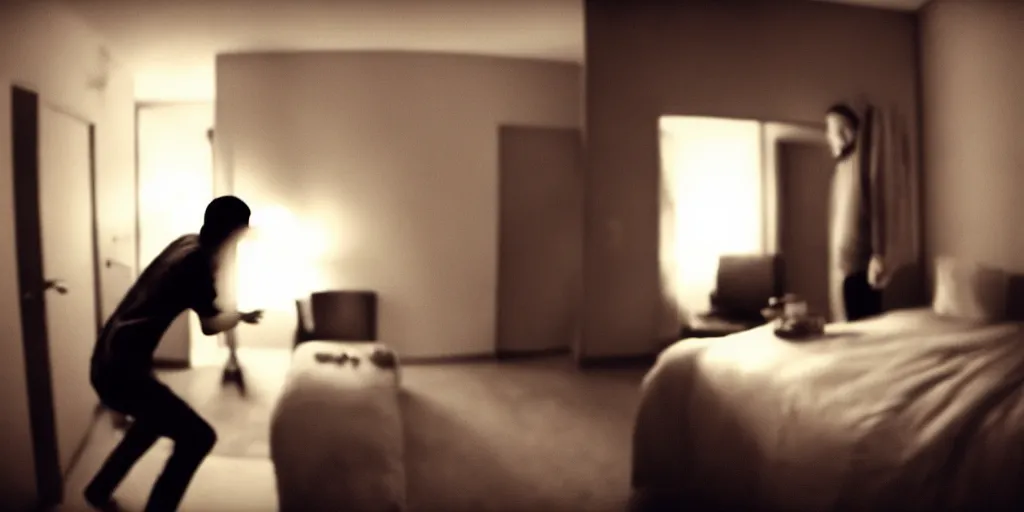 Image similar to a still shot of a scary male drug addict ghost jumpscare to camera in a hotel room, horror