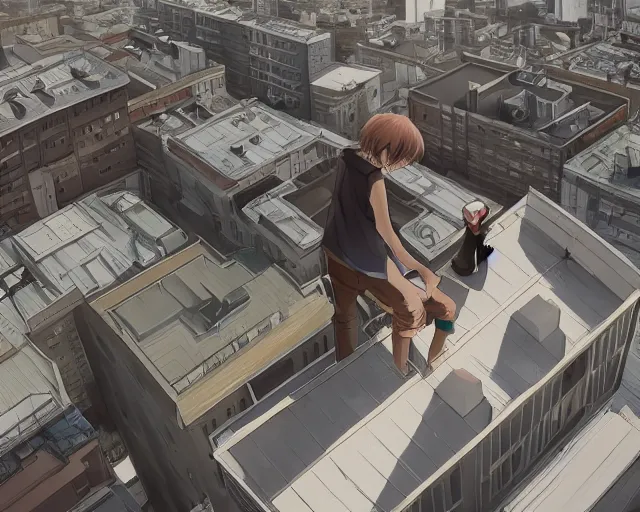 Image similar to teen standing on the roof of a building, wearing white collared shirt, back turned, looking up, illustration, by pine ( ハイネ ) and 薯 子 imoko and 香 川 悠 作 and wlop and maya takamura, highly detailed, trending artstation, pixiv, digital art