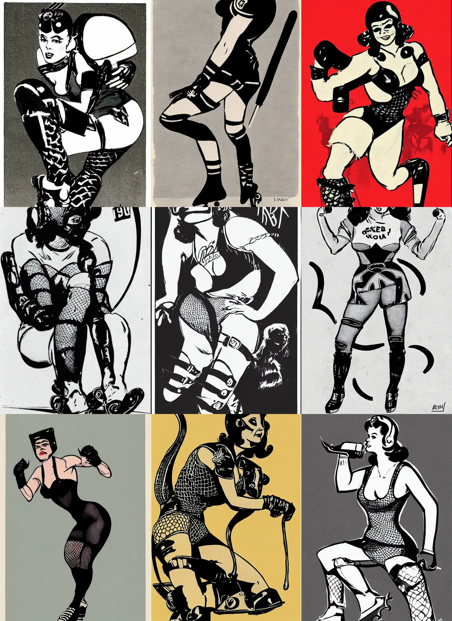 Prompt: 1950s logo of a roller derby girl (Theda Bara) doing Cross-Over, wearing skate helmet, knee pads, elbow pads, fishnet tights, showing off biceps, illustration by greg rutkowski and mcbess, 1950s