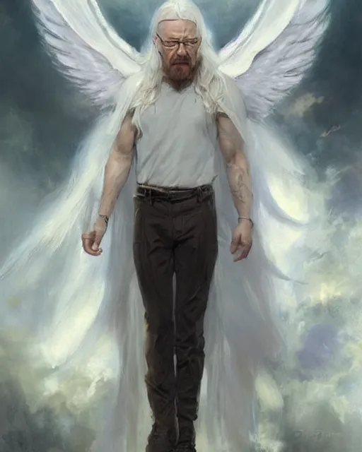 Prompt: walter white winged angel, male!!!!!!!, long white hair, by daniel gerhartz, trending on artstation