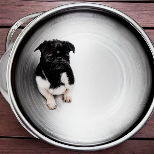 Image similar to puppy sitting in a small metal saucepan, photography, minimalistic, 8 k