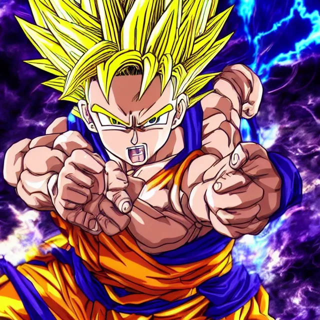 Image similar to super saiyan in the style of jojo's bizarre adventure, ultrafine hyperrealistic detailed face illustration by kim jung gi, irakli nadar, intricate linework, sharp focus, bright colors, matte, octopath traveler, final fantasy, unreal engine highly rendered, global illumination, radiant light, intricate rainbow environment