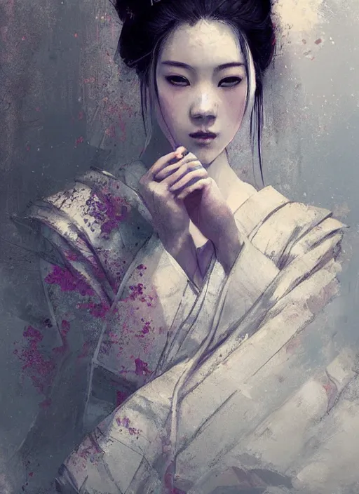 Image similar to female geisha girl, beautiful face, rule of thirds, intricate outfit, spotlight, by greg rutkowski, by jeremy mann, digital painting