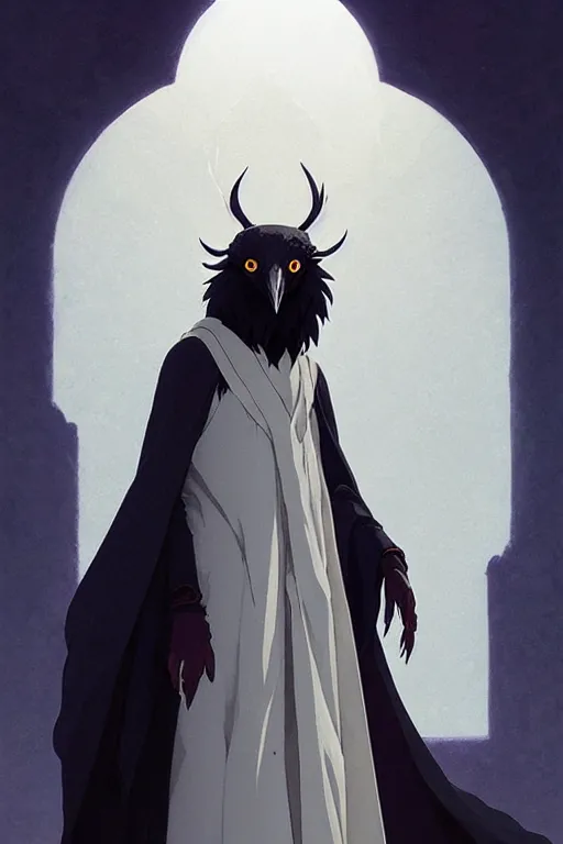 Image similar to raven headed warlock doing magic spells wind, white robes, finely detailed perfect face, exquisite details, mid view, design on a white background, by studio muti, greg rutkowski makoto shinkai takashi takeuchi studio ghibli