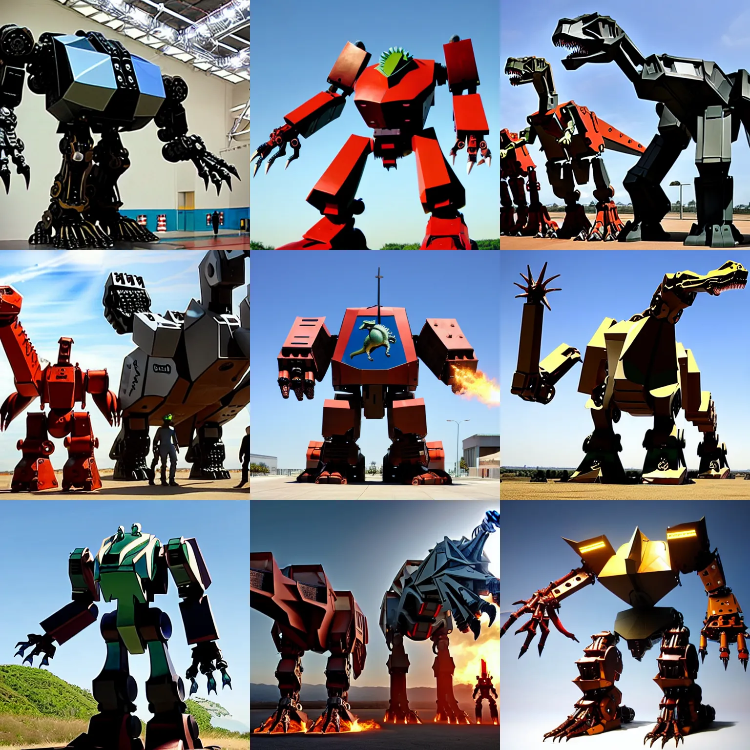 Prompt: giant mech robot is real leather dinosaurs, robot legs and arms and heat are dinosaurs, voltron made from dino