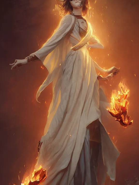 Image similar to young summoner with a fire elemental, fantasy, female, thick robes, intricate, elegant, highly detailed, digital painting, artstation, concept art, wallpaper, smooth, sharp focus, illustration, art by artgerm and greg rutkowski and alphonse mucha