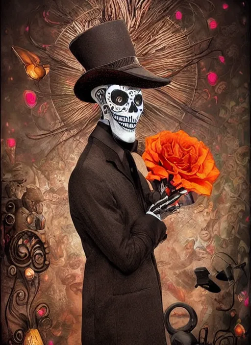 Image similar to dia de los muertos hombre theme surrealist art in the styles of igor morski, jim warren, and a tim burton film, intricate, hyperrealistic, accurate facial details, profile picture with chromakey!!!!! background, volumetric lighting