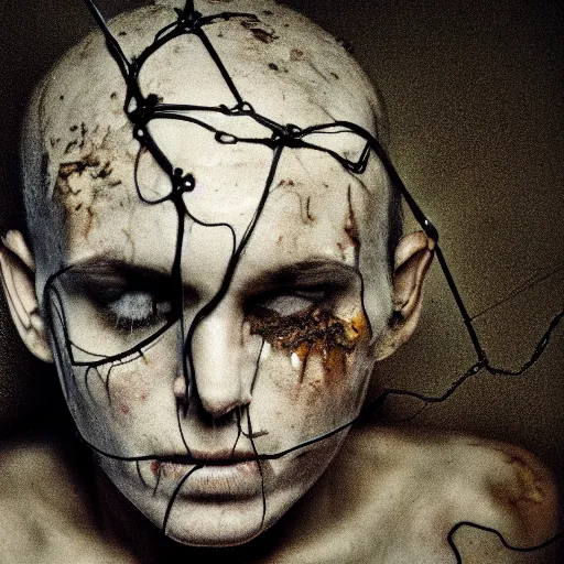 Image similar to a dark occult ritual of wires broken skulls skin and decay, moody, hyper realism, 8 k photo, atmospheric