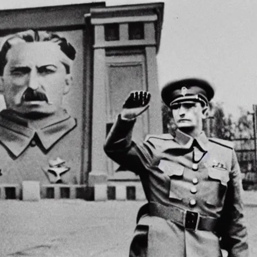 Image similar to youtube influencer prison guard saluting Stalin in style of American propaganda poster