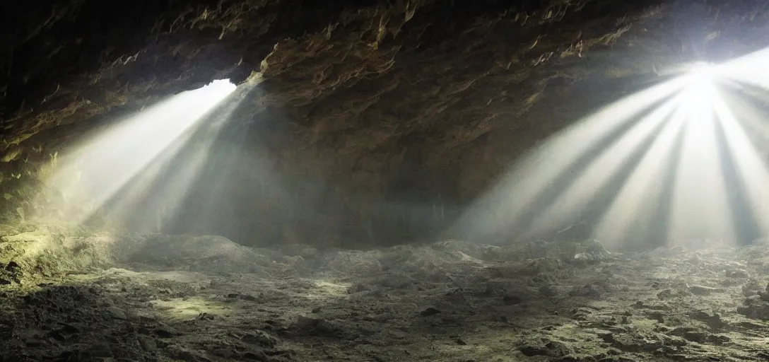 Image similar to underground, large cave, large city, god rays shot from far away