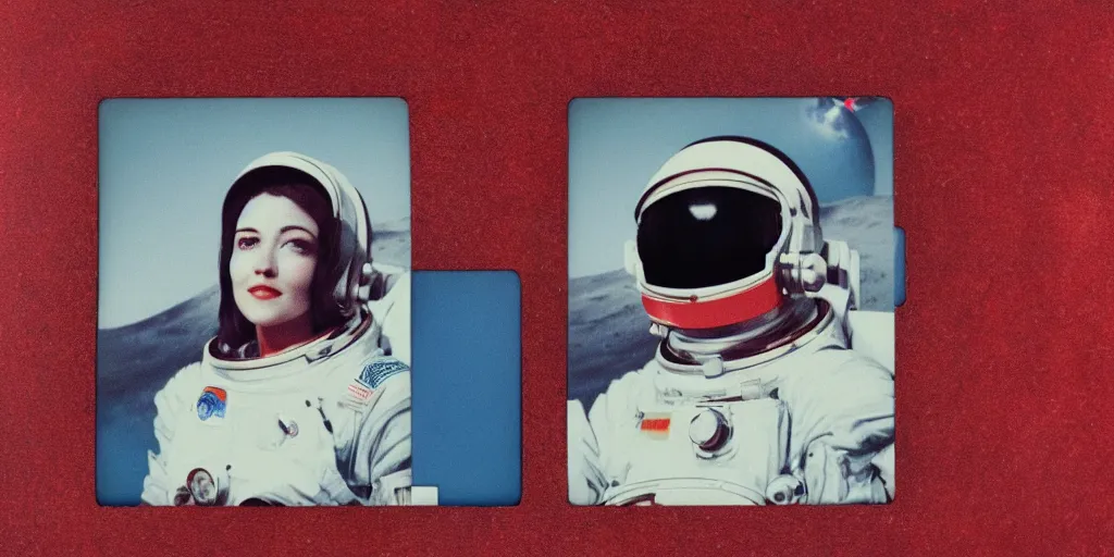 Image similar to vintage polaroid portrait of a beautiful woman wearing a space helmet, on the surface of the moon, science fiction, detailed clouds, 8k, unreal engine, warm azure tones, red color bleed, film grain