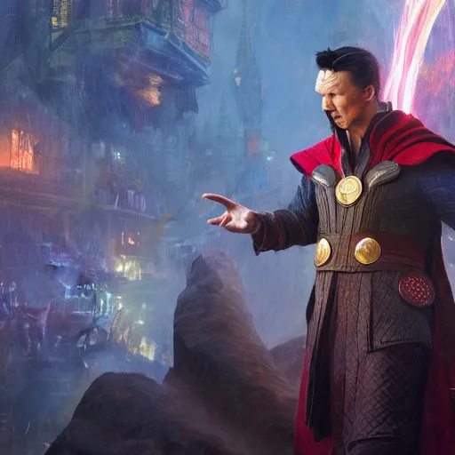 Prompt: dr strange with thor, magical world, by greg rutkowski, sung choi, photo realistic, 8 k, cinematic lighting, hd, atmospheric, hyperdetailed, trending on artstation, devainart, digital painting, glow effect