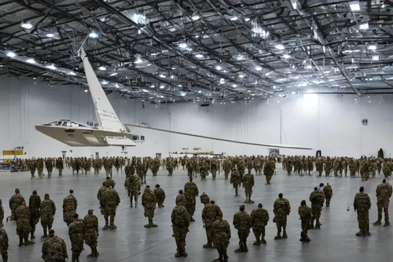 Image similar to photo of a floating alien spaceship in a large hanger, tethered to the ground, flood lit, military personnel surrounding.