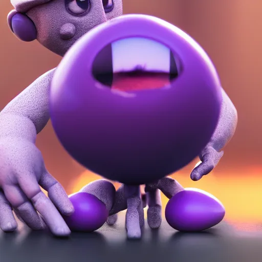 Image similar to photo of a comically tiny clay model of character with large spherical purple head and large childlike eyes with comically tiny body and spindly limbs leans close to the camera, fish eye lens, 4 k, hyper realistic, hyper detailed face, octane render, comedic, cute