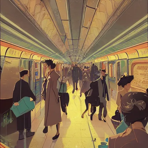 Prompt: paris subway life scene, by ( victo ngai ), ( ( studio muti ) ), malika favre, ( rhads ), makoto shinkai