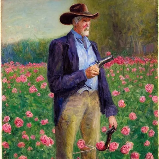 Image similar to an impressionist painting of a tall older man standing in a field of roses with blue eyes that is wearing a wide brim hat and a leather vest with a blue shirt. He is holding a revolver in his left hand and a rose is in his right hand.