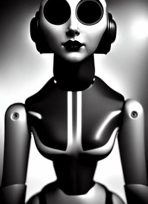 Prompt: surreal mythical dreamy dark artistic black and white fine art fashion portrait photo of a young beautiful delicate female metropolis robot loving the universe, spiritual, halo, glory, rim light, cinematic, studio dramatic light, poetic, masterpiece, octane render, 8 k, photo - realistic by william bouguereau man ray