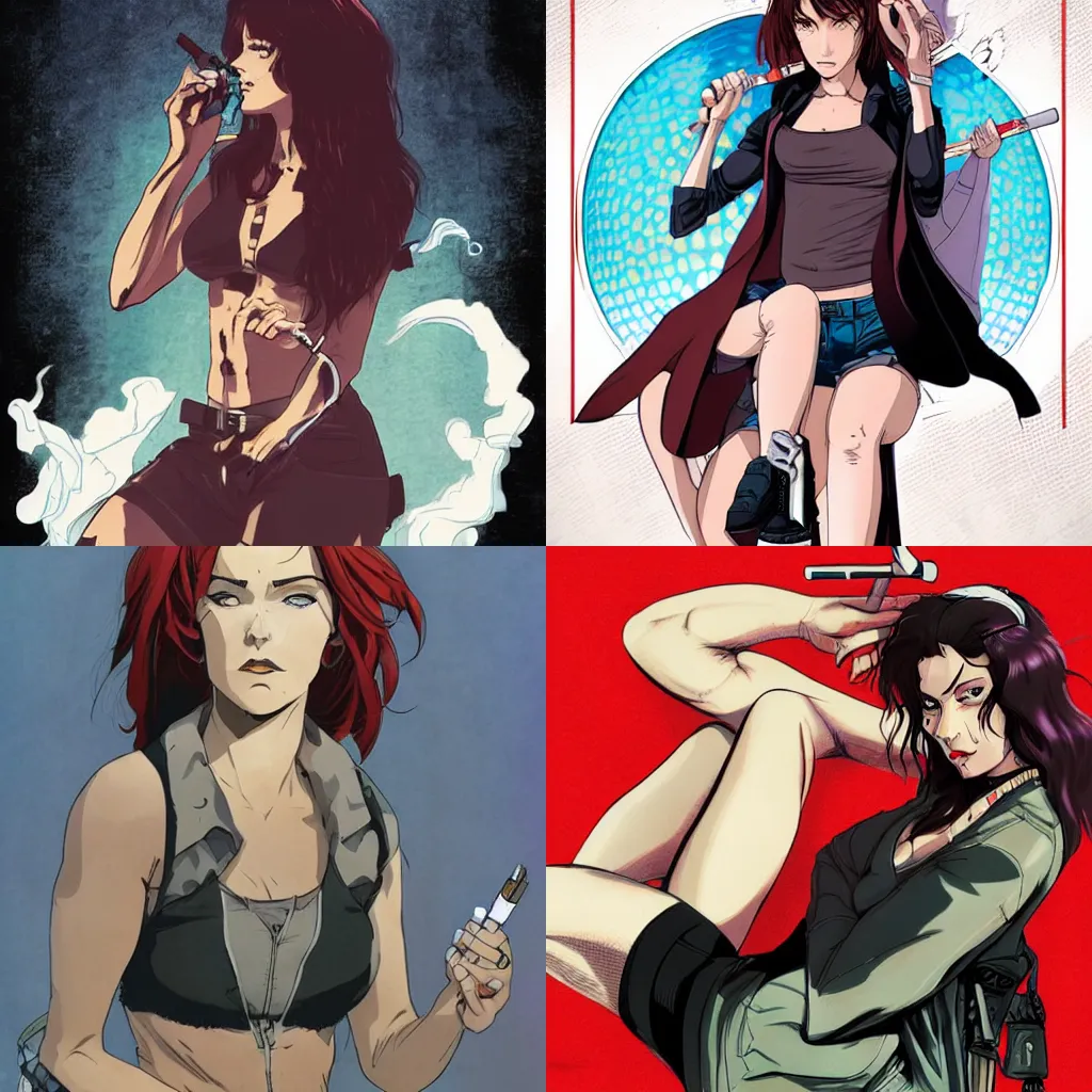 Prompt: in the style of Joshua Middleton comic art, Revy from Black Lagoon, symmetrical face, smoking a cigarette, Jean shorts boots and white tank top