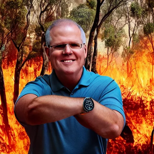 Prompt: Prime Minister Scott Morrison selfie by a bush fire, cinematic, hyper realism, high detail, vivid colors, octane render, unreal engine, 8k